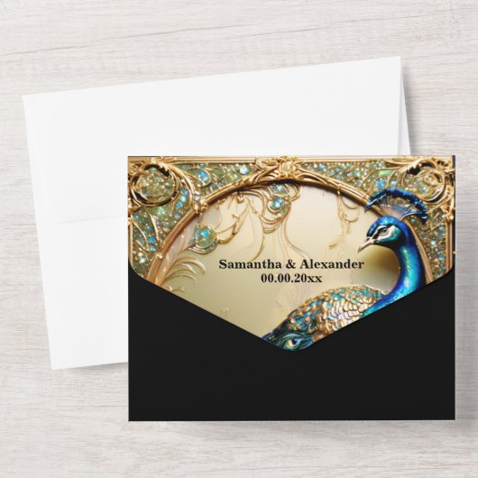Peacock bruiloft diner repetitie  zwart all in one uitnodiging (Achterkant)
