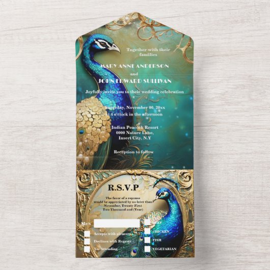 Peacock bruiloft diner repetitie  zwart all in one uitnodiging (Binnen)