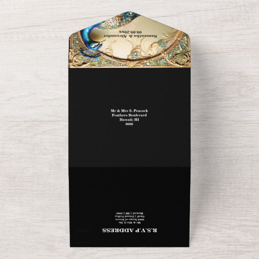 Peacock bruiloft diner repetitie  zwart all in one uitnodiging (Buitenkant)