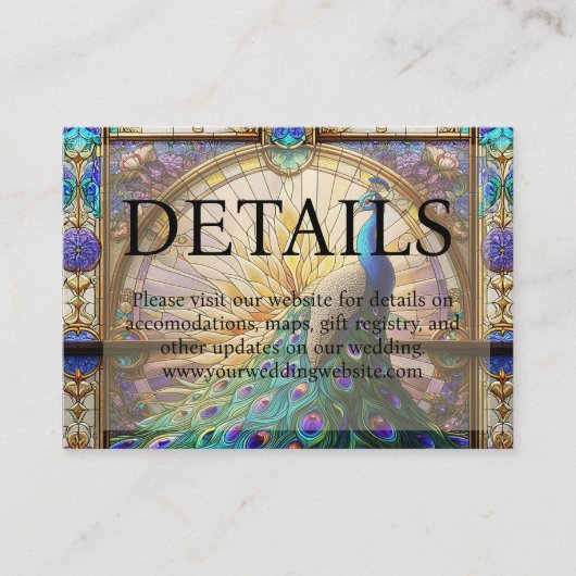 Peacock Bruiloft Glas in lood Details Website Informatiekaartje (Voorkant)