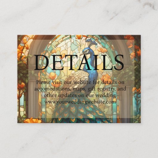 Peacock Bruiloft Glas in lood Details Website Informatiekaartje (Voorkant)