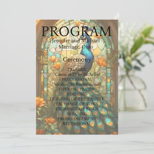 Peacock Bruiloft Glas in lood Programma Kaart (Staand voorkant)