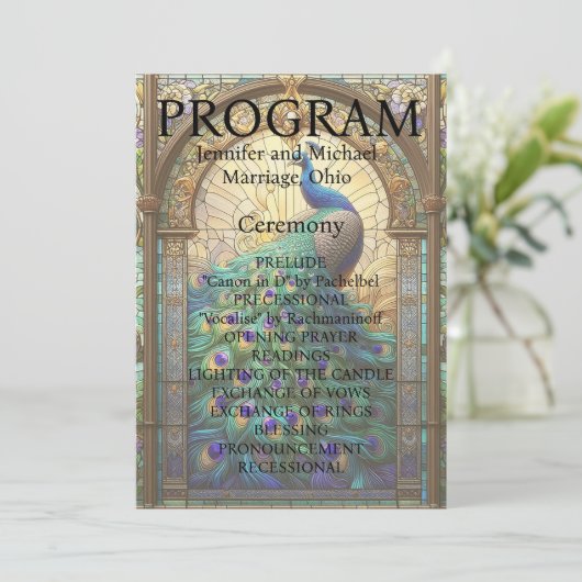 Peacock Bruiloft Glas in lood Programma Kaart (Staand voorkant)