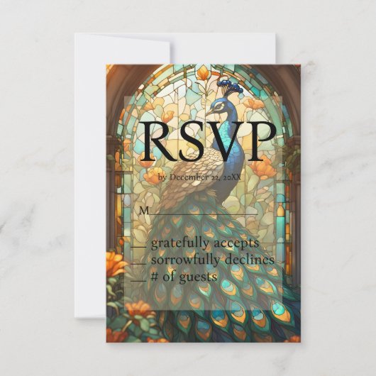 Peacock Bruiloft Glas in lood RSVP Respons Kaart (Voorkant)