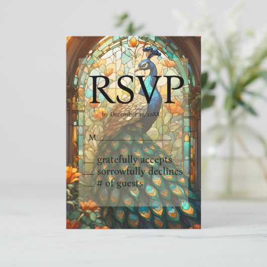 Peacock Bruiloft Glas in lood RSVP Respons Kaart (Staand voorkant)