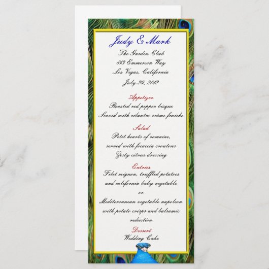 Peacock Bruiloft Menu Kaart (Voorkant / Achterkant)