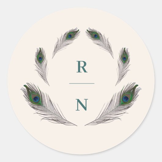 Peacock Bruiloft Monogram Ronde Sticker (Voorkant)