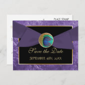 Peacock Button & Bow SAVE THE DATE Briefkaart-Blau Aankondigingskaart (Voorkant / Achterkant)