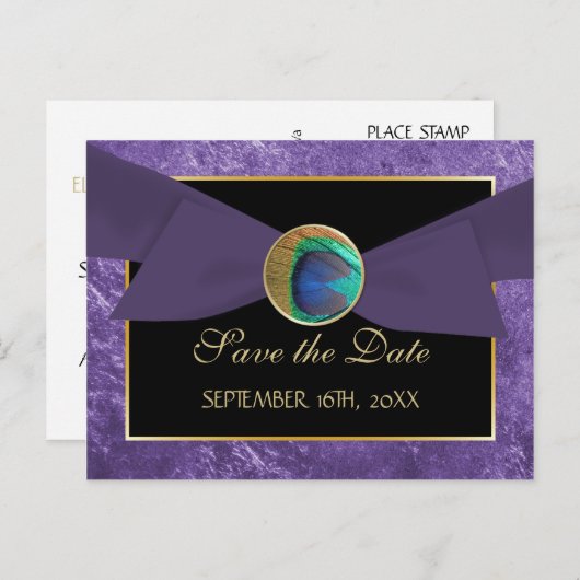 Peacock Button & Bow SAVE THE DATE Briefkaart-Blau Aankondigingskaart (Voorkant / Achterkant)