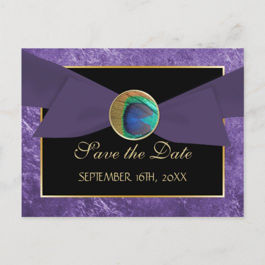 Peacock Button & Bow SAVE THE DATE Briefkaart-Blau Aankondigingskaart (Voorkant)