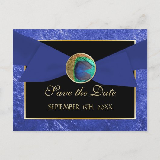 Peacock Button & Bow SAVE THE DATE Briefkaart-Blau Aankondigingskaart (Voorkant)