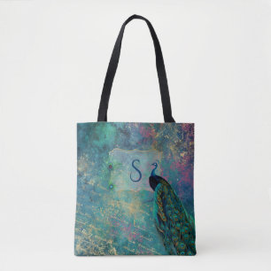 Peacock Collage Monogram Tote Bag