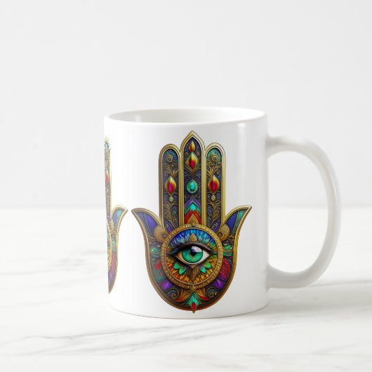 Peacock Color Flower Petals Hamsa Green Third Eye Koffiemok (Rechts)