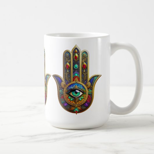 Peacock Color Flower Petals Hamsa Green Third Eye Koffiemok (Rechts)