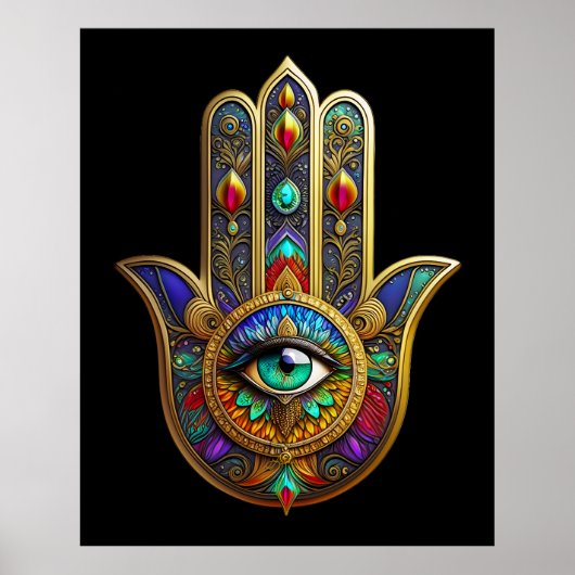 Peacock Color Flower Petals Hamsa Green Third Eye Poster (Voorkant)