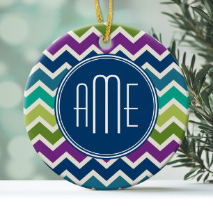 Peacock Colors Chevron Pattern Aangepaste Monogram Keramisch Ornament