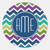 Peacock Colors Chevron Pattern Aangepaste Monogram Ronde Sticker (Voorkant)