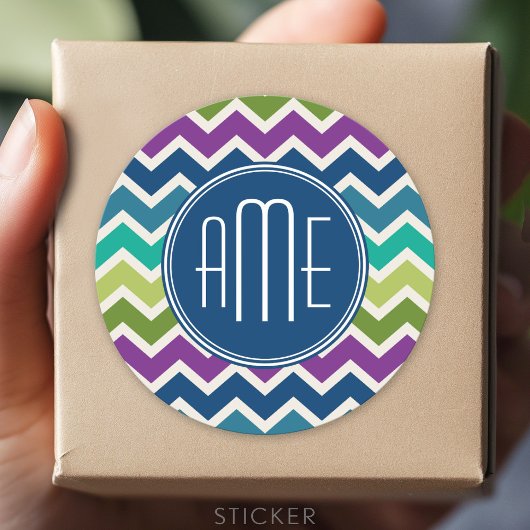 Peacock Colors Chevron Pattern Aangepaste Monogram Ronde Sticker