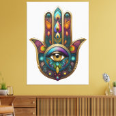 Peacock Colors Hamsa w/ Gold Third Eye Canvas Afdruk (Insitu (Woonkamer))