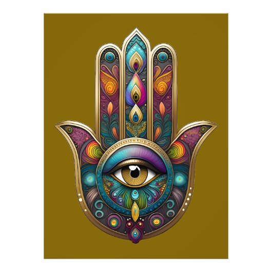 Peacock Colors Hamsa w/ Gold Third Eye Foto Afdruk (Voorkant)