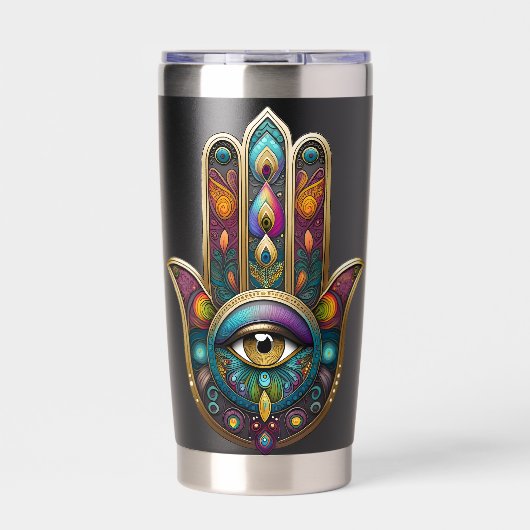 Peacock Colors Hamsa w/ Gold Third Eye Geïsoleerde Drinkbeker (Voorkant)