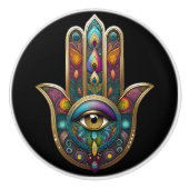 Peacock Colors Hamsa w/ Gold Third Eye Keramische Knop (Voorkant)