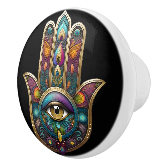 Peacock Colors Hamsa w/ Gold Third Eye Keramische Knop (Rechts)