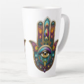 Peacock Colors Hamsa w/ Gold Third Eye Latte Mok (Rechterhoek)