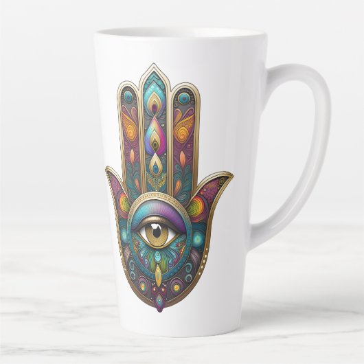 Peacock Colors Hamsa w/ Gold Third Eye Latte Mok (Rechts)