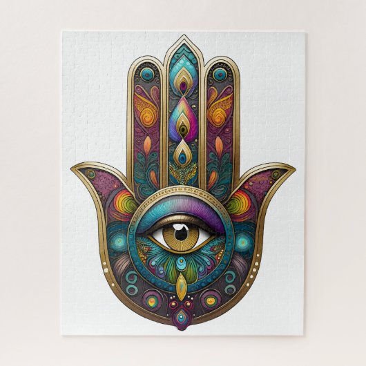Peacock Colors Hamsa w/ Gold Third Eye Legpuzzel (Verticaal)