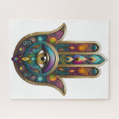 Peacock Colors Hamsa w/ Gold Third Eye Legpuzzel (Horizontaal)