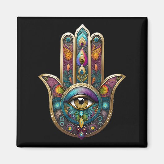 Peacock Colors Hamsa w/ Gold Third Eye Magneet (Voorkant)