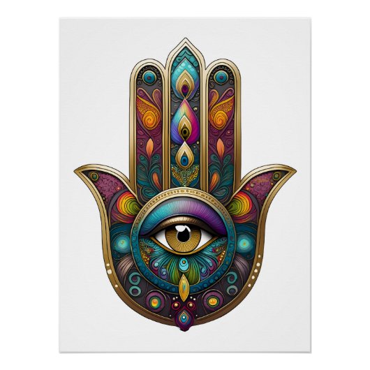 Peacock Colors Hamsa w/ Gold Third Eye Perfect Poster (Voorkant)