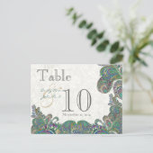 Peacock Colors Paisley Weddenroletabel Number Briefkaart (Staand voorkant)