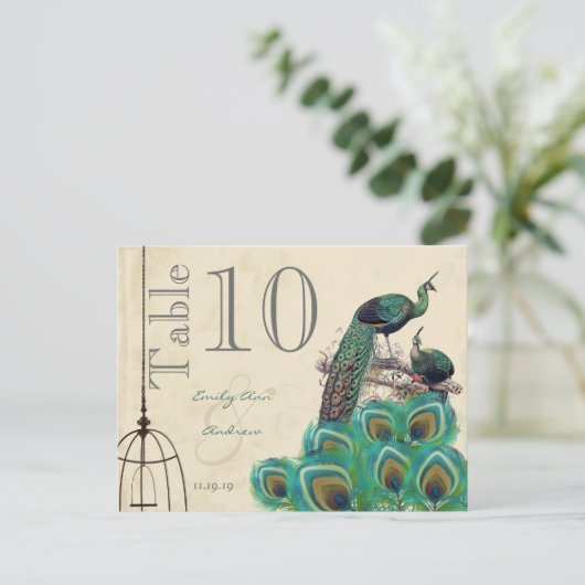 Peacock Colors Paisley Weddenroletabel Number Briefkaart (Staand voorkant)
