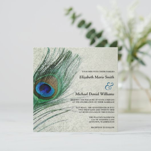 Peacock Damask Wedding Invitations Kaart (Staand voorkant)