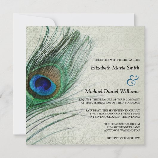  Peacock Damask Wedding Invitations Kaart (Voorkant)