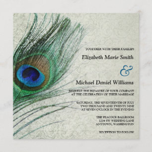 Peacock Damask Wedding Invitations Kaart