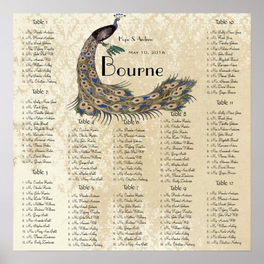 Peacock Damask Wedding Seating Chart 12 Tables Poster (Voorkant)