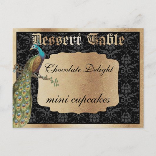 Peacock Dark Gold Dessert Snoep Table Sign Briefkaart (Achterkant)