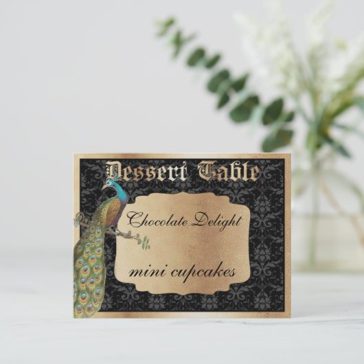 Peacock Dark Gold Dessert Snoep Table Sign Briefkaart (Staand voorkant)