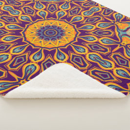 Peacock Design Paars Blauwgroen Sinaasappel Mandal Sherpa Deken
