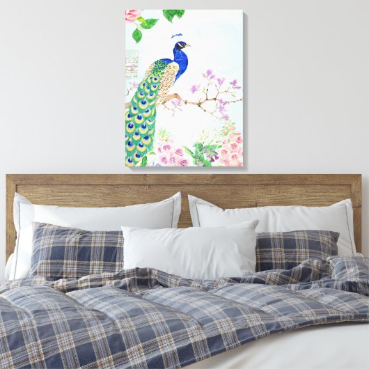 Peacock-dieren | Floral Bird | Cool Peacock Canvas Afdruk (Insitu (Slaapkamer))