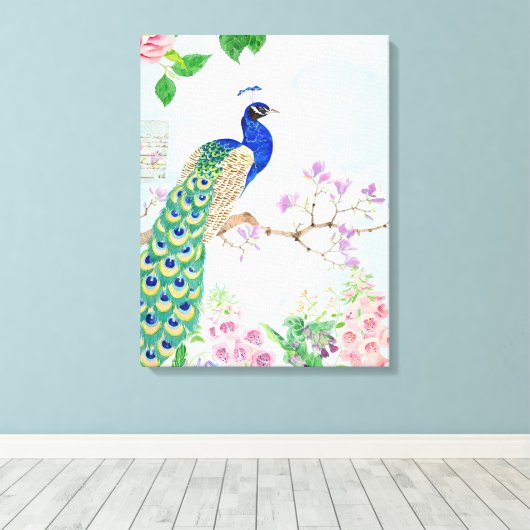 Peacock-dieren | Floral Bird | Cool Peacock Canvas Afdruk (Insitu (Houten vloer))