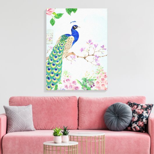 Peacock-dieren | Floral Bird | Cool Peacock Canvas Afdruk (Insitu (Woonkamer))