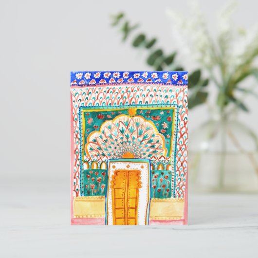 Peacock door Waterverf Jaipur City Palace Pink Briefkaart (Staand voorkant)