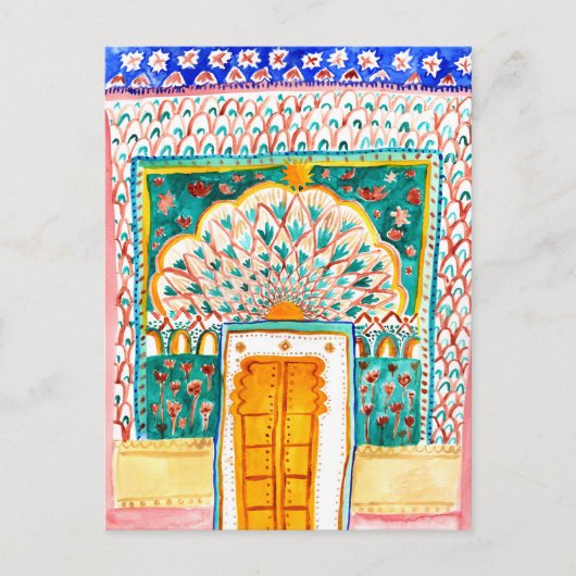 Peacock door Waterverf Jaipur City Palace Pink Briefkaart (Voorkant)