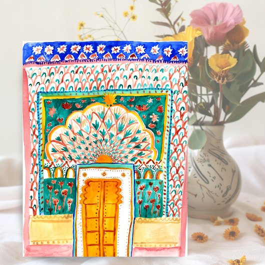 Peacock door Waterverf Jaipur City Palace Pink Briefkaart