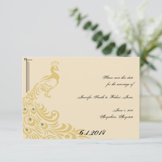 Peacock Elegance Art Deco Flair Save the Date (Staand voorkant)
