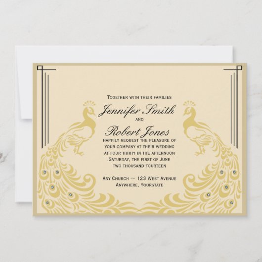 Peacock Elegance Art Deco Flair Wedding Invitation Kaart (Voorkant)